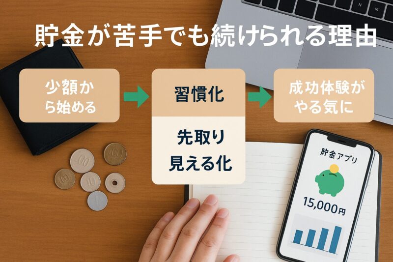 貯金が苦手でも続けられる理由を示す図解(Diagram showing how small savings and visualization help continue saving)