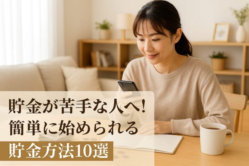 日本人の主婦がリビングで家計簿アプリを確認している様子を示すアイキャッチ画像（Eye-catching visual of a Japanese woman checking a budgeting app at home for saving tips）