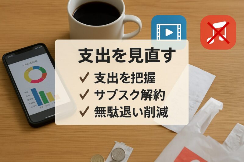 支出を見直すためのチェックリストを示す図解(Checklist visual showing how to review expenses and reduce wasteful spending)