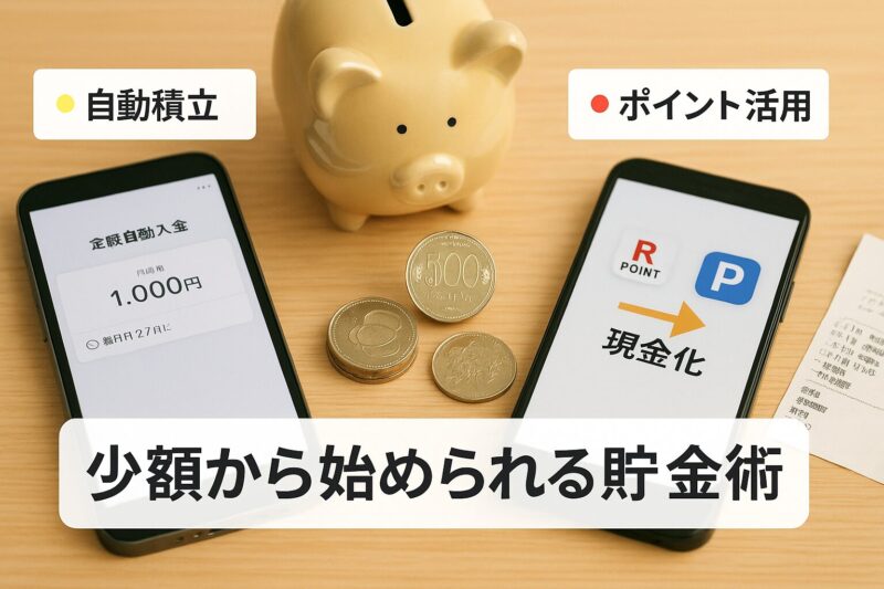 少額から始められる貯金術を示す要点図(Diagram showing small saving methods such as automatic deposits, coin saving, and point use)