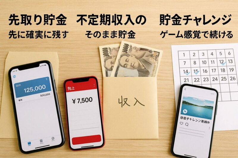 先取り貯金・不定期収入・貯金チャレンジを比較する図解(Infographic comparing advance savings, irregular income saving, and saving challenges)