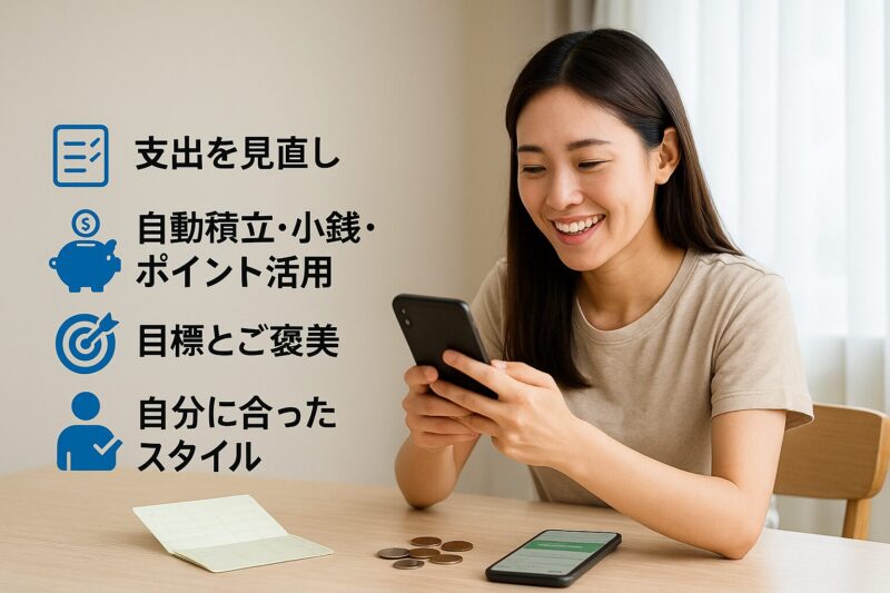少額と仕組み化で誰でも貯金できる要点を示す図解(Infographic showing key saving habits such as reviewing expenses, automatic deposits, setting goals, and choosing personal styles)
