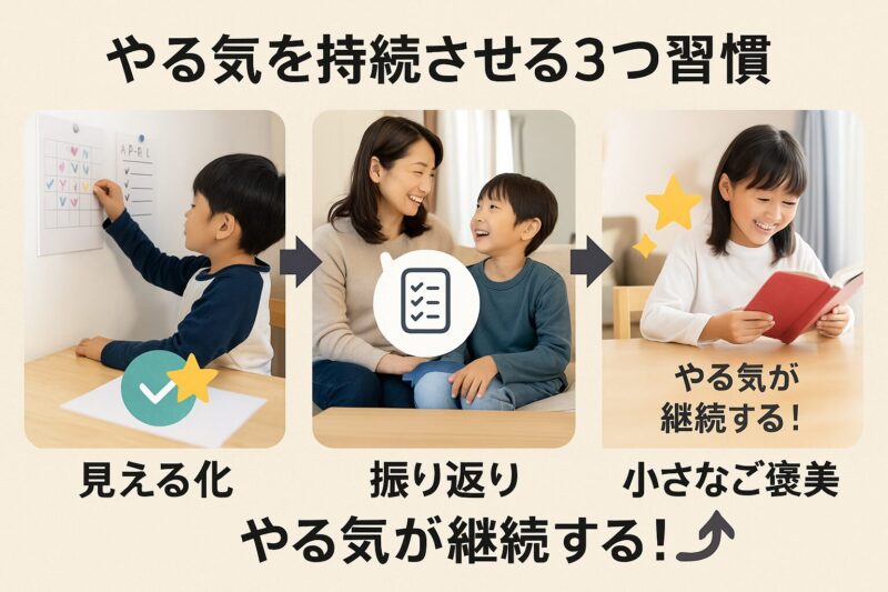 子供のやる気を持続させる3つの習慣を示すプロセス図(Process diagram showing three habits to sustain children’s motivation)