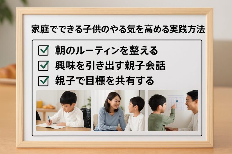 家庭でできる子供のやる気を高める実践方法を示すチェックリスト図(Checklist visual showing practical ways to boost children’s motivation at home)