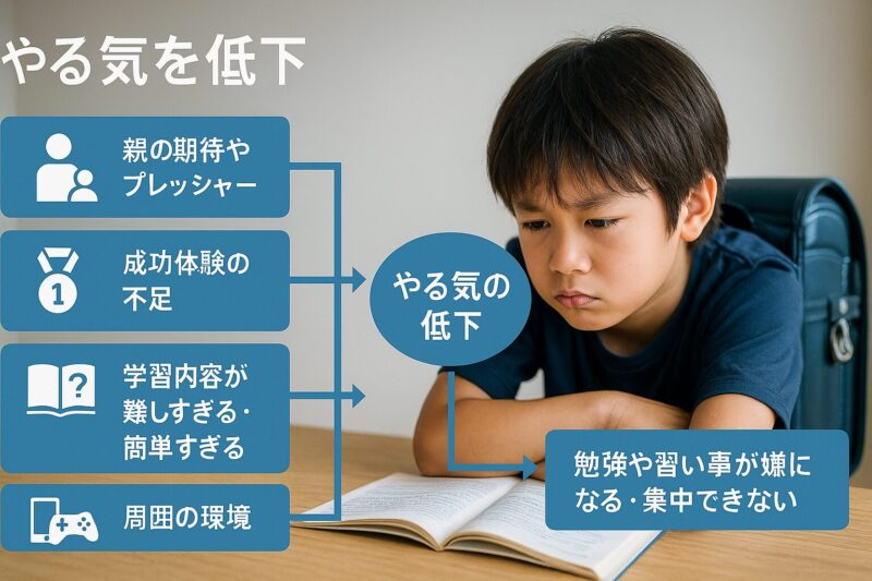 子供がやる気を失う主な原因と結果を示す因果関係図(Diagram showing the main causes and results of children losing motivation)