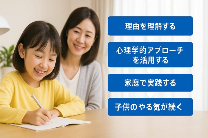 子供のやる気を高めるための4つのステップをまとめた要点図(Summary diagram showing four steps to boost children’s motivation)