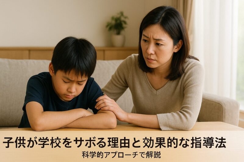 学校をサボる子どもに寄り添う母親の姿を横長で写した写真風アイキャッチ画像（Eye-catching wide photo-style image of a mother supporting her child who refuses to go to school）