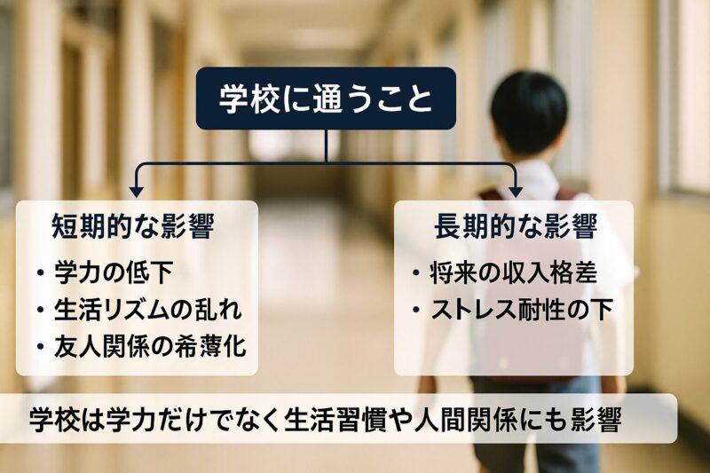 学校に通うことの短期的・長期的な影響を示す横長の写真風図解(Photo infographic showing short-term and long-term impacts of school attendance in Japan)