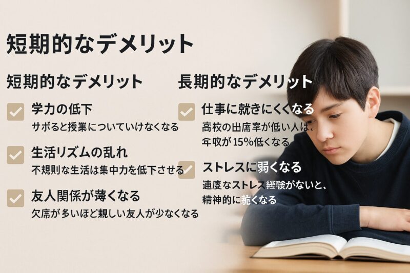 学校に通うことが短期的と長期的に人生へ与える影響を示す因果関係図(Diagram showing short-term and long-term effects of attending school)