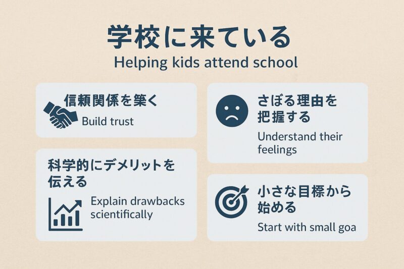 サボる子供への指導法の4つの要点を示す横長要点図(Summary infographic showing four key guidance points for children skipping school in a horizontal layout)