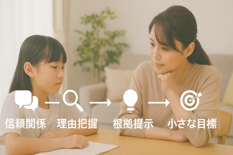 学校をサボる子供への指導ステップを4段階で示す横長の写真風図解(Photo infographic showing four-step guidance for a school-skipping child in Japan)