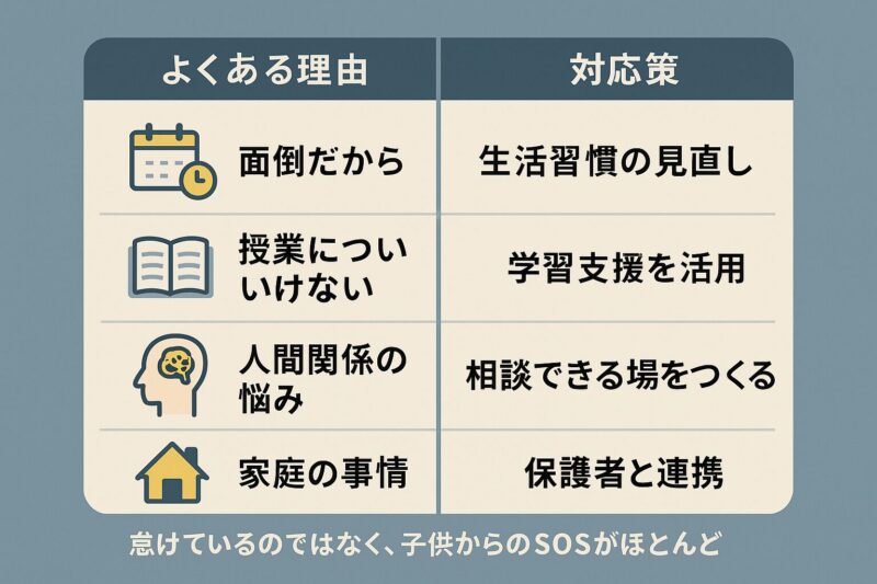 学校をサボる子供の主な理由とそれぞれの対応策を比較する図(Infographic comparing main reasons for school truancy and solutions)