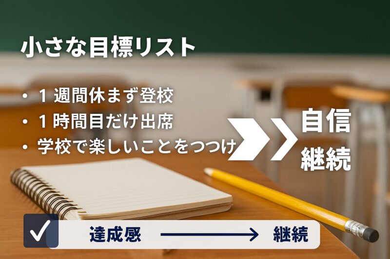 小さな目標を達成して自信と継続へつなげる流れを示すチェックリスト図(Checklist visual showing small goals leading to confidence and continuation)