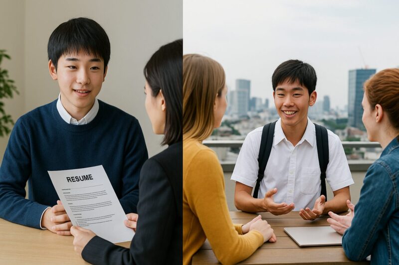 左側でキャリア教育の面接練習、右側でグローバル教育の交流を行う日本人学生の写真(Japanese students engaging in career and global education in a split-scene image)