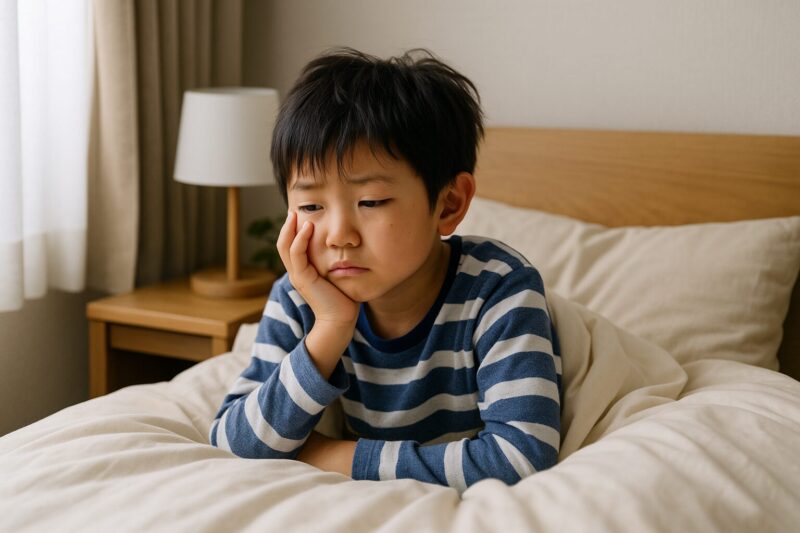5月病で疲れた表情を見せる日本人の男の子が布団から出られずにいる様子(Japanese boy unable to get out of bed, showing signs of May blues)