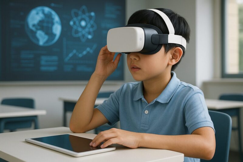 未来の教室でVR学習をしている日本人の男の子の写真(Japanese boy learning in a future classroom with VR headset)