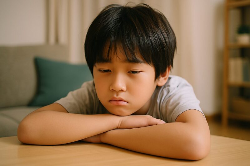 無気力な日本人の子どもが家で机に突っ伏している様子(Japanese child looking unmotivated at home)