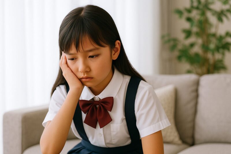 5月病に悩む日本人小学生の女の子がソファに座り落ち込んだ表情をしている写真(Japanese elementary schoolgirl sitting on a sofa, showing signs of May blues with a sad expression)