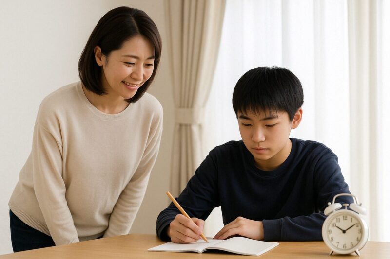 家庭で時間管理をしながら学習に取り組む中学生と見守る母親の写真(Photo of a Japanese middle school student studying at home with time management, accompanied by a supportive mother)