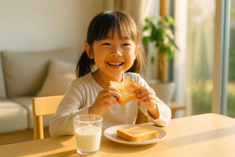 学校が休みの日でも朝日を浴びながら朝食を楽しむ日本人の女の子(Japanese girl enjoying breakfast in the morning sunlight on a holiday)