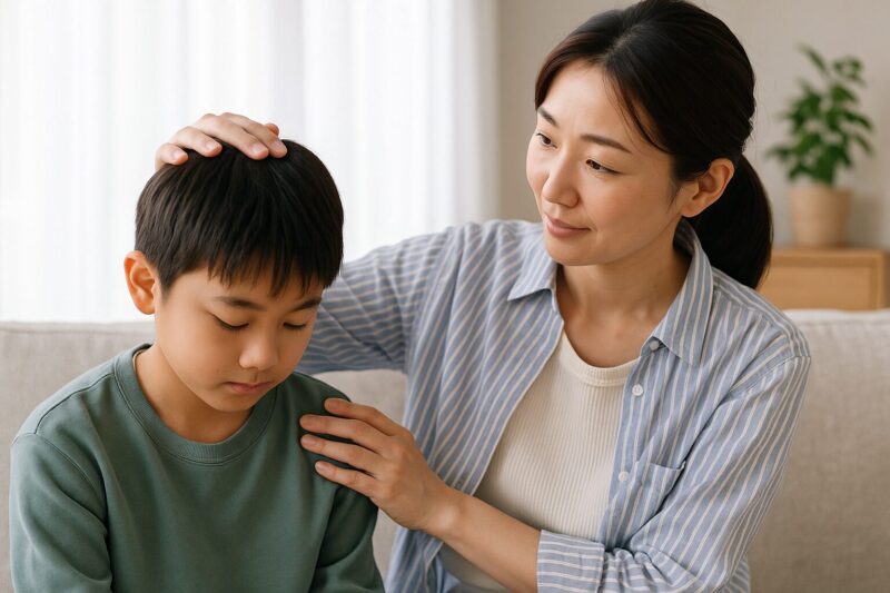 日本人の母親が静かに寄り添いながら息子の頭に手を添えている写真。気づきと寄り添いの支援を象徴(Japanese mother gently comforting her son, symbolizing awareness and support for May blues)