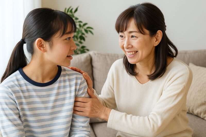 日本人の母親が娘と笑顔で会話しながらやる気を引き出すコミュニケーションを取っている写真(Japanese mother encouraging her daughter through positive communication)