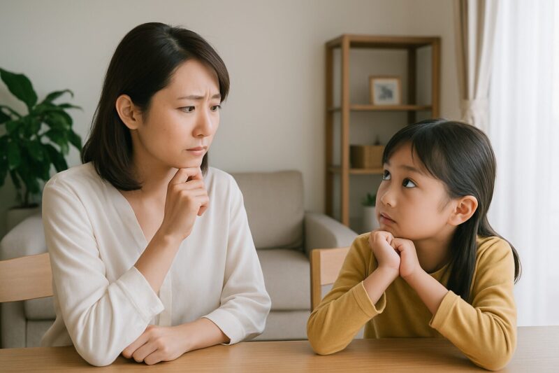 家庭で質問を交えながら会話する日本人親子(Japanese parent and child having a Q&A discussion at home)