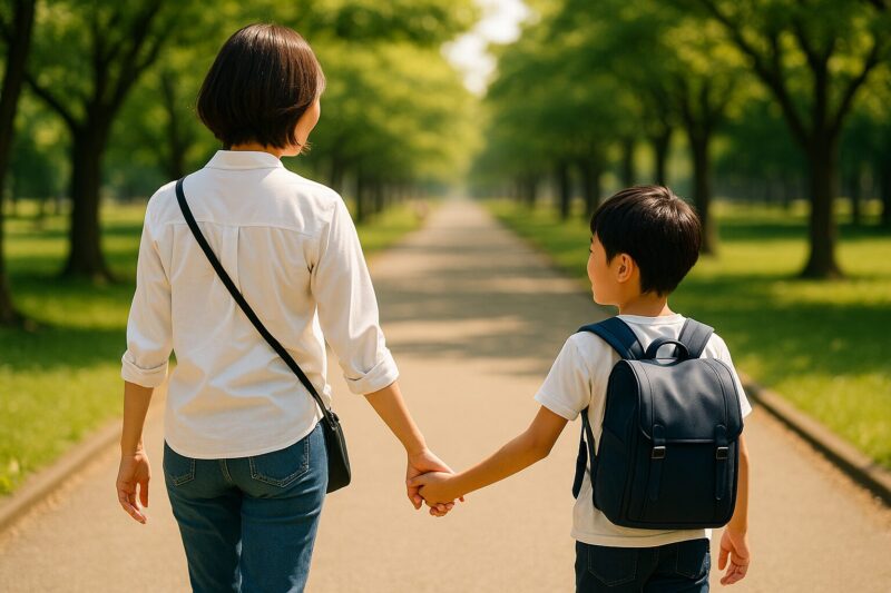 未来に向かって歩く日本人親子の後ろ姿(Japanese parent and child walking toward the future)