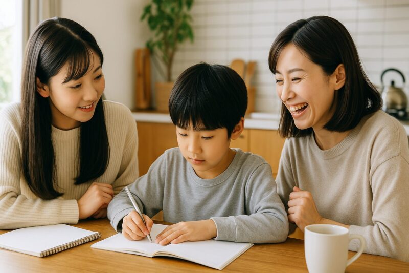 日本人の母親が小学生と中高生の子どもたちと一緒に学びの工夫を共有している様子の写真(Japanese mother sharing educational tips with her children at home)
