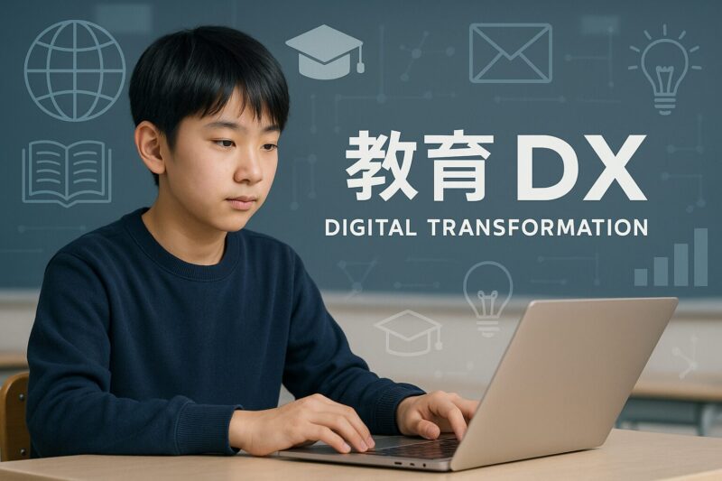 教育DXを象徴する日本人学生がパソコンで学ぶ写真(Japanese student learning with a laptop representing education DX)
