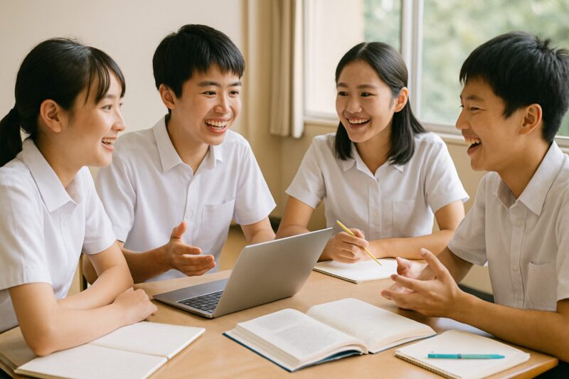 日本人高校生がグループでアクティブ・ラーニングに取り組む写真(Japanese high school students engaged in group active learning discussion)