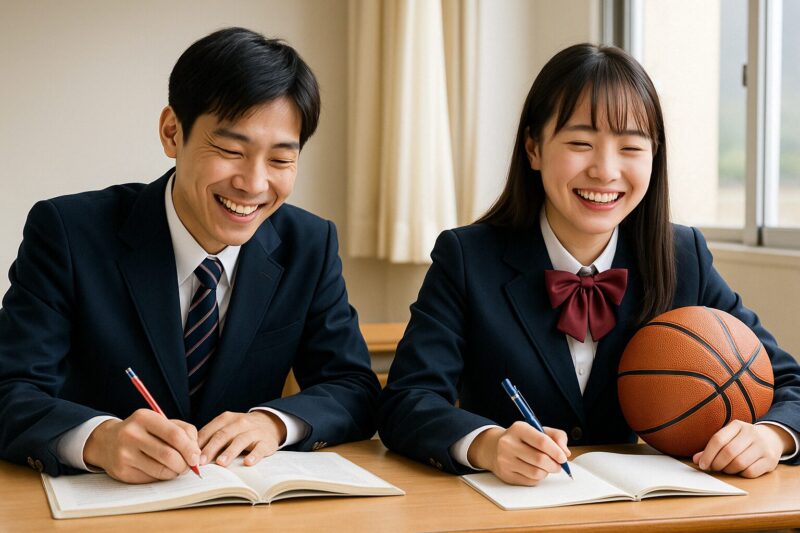勉強と部活を両立しながら笑顔で取り組む日本の高校生の写真。充実した学校生活を象徴(Photo of Japanese high school students smiling while balancing studies and club activities, symbolizing a fulfilling school life)