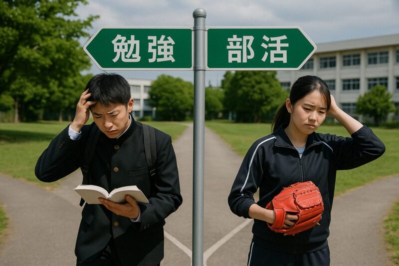 中高生が勉強と部活の間で悩む様子を表した写真。選択に迷うリアルな表情が印象的(Photograph of Japanese students struggling between studies and club activities, capturing their indecision and concern)