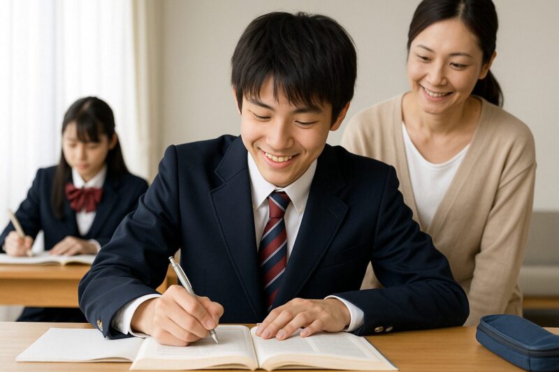 努力して勉強に取り組む中高生の様子を写した日本の写真。集中する姿と支える大人の笑顔(Photo of Japanese teen students studying with effort, showing focus and support from an adult)