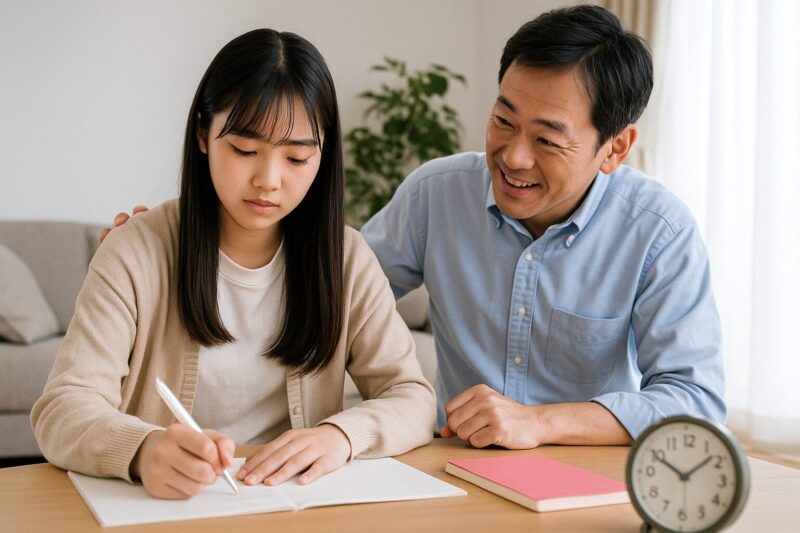 “がんばりすぎ”にならないよう優しく支援する日本の父親と中学生の娘の写真(Photo of a Japanese father gently supporting his teenage daughter during home study, showing balanced encouragement)