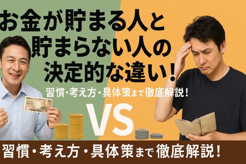 お金が貯まる人と貯まらない人の違いを比較した横長の日本語サムネイル画像（Horizontal Japanese thumbnail image comparing money-saving vs not-saving habits）