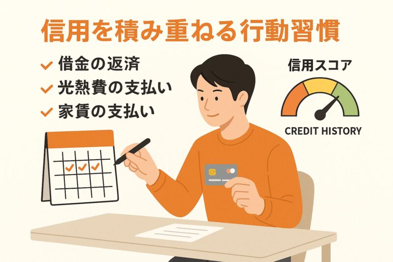 信用スコア向上のための行動習慣を実践する日本人男性のイラスト(Japanese man practicing habits to build credit score)