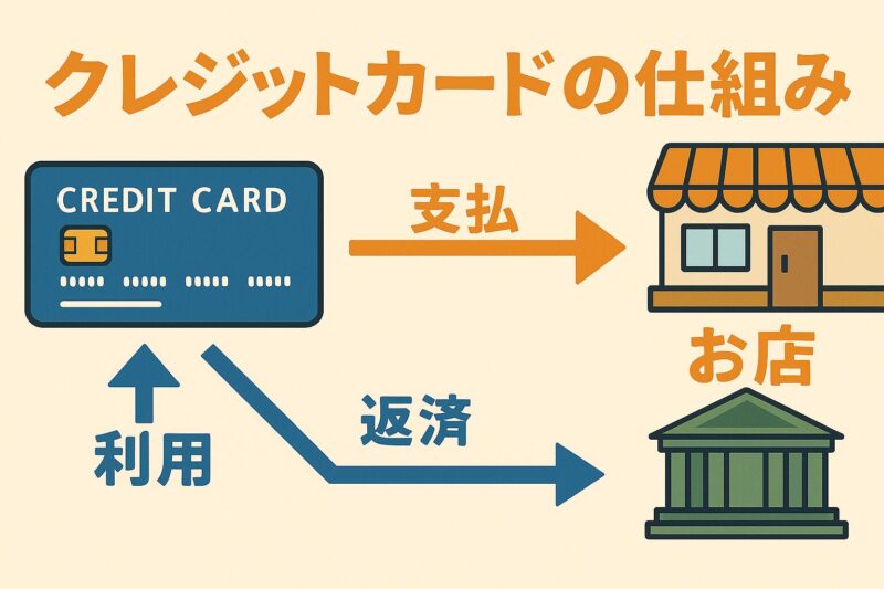 クレジットカードの仕組みを説明する日本語のインフォグラフィック(Japanese infographic explaining the credit card system)