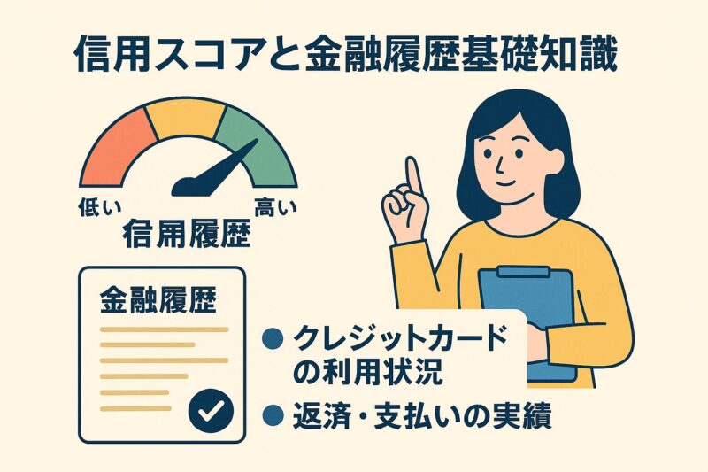 信用スコアと金融履歴の仕組みを示す日本語のイラスト(Japanese infographic explaining credit score and financial history)