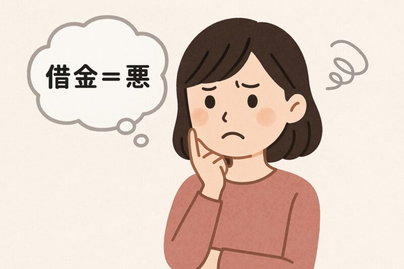 借金=悪と思い込んで悩む日本人女性のイラスト(Japanese woman worried, thinking "Debt = Bad")