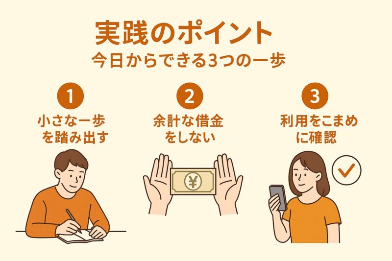 実践のポイントを示す日本語の金融習慣インフォグラフィック画像(Japanese infographic showing practical financial habits)
