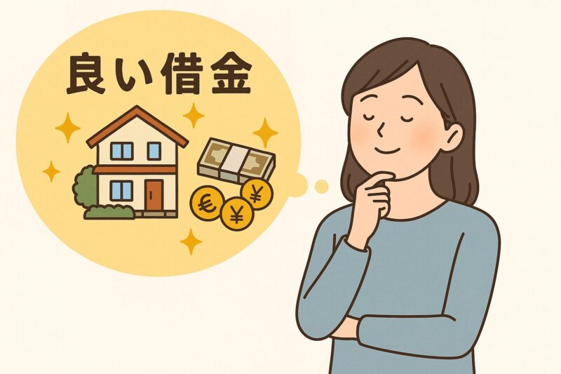 良い借金のイメージを思い浮かべる日本人女性のイラスト(Japanese woman imagining the concept of good debt)
