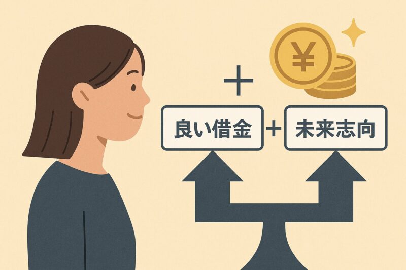 良い借金と未来志向の関係を考える日本人女性のイラスト(Japanese woman thinking about good debt and future-oriented mindset)