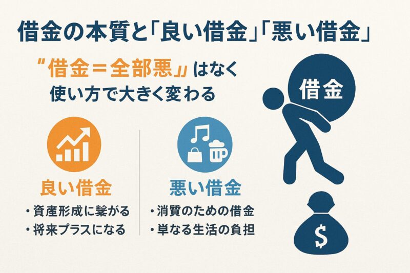 良い借金と悪い借金の違いを説明する日本語の図解(Japanese infographic explaining the difference between good debt and bad debt)