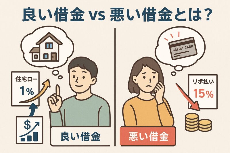 良い借金と悪い借金の違いを説明する日本語イラスト(Japanese illustration comparing good and bad debt)