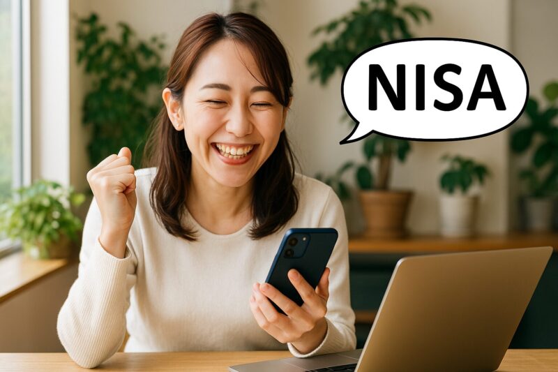 楽しそうにNISAを利用している日本人女性の写真(Japanese woman happily using a NISA investment app)
