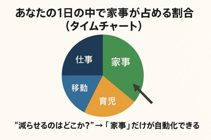 家事時間の割合と自動化の可能性を示す日本語の横長円グラフ(Horizontal pie chart in Japanese showing proportion of housework and potential for automation)