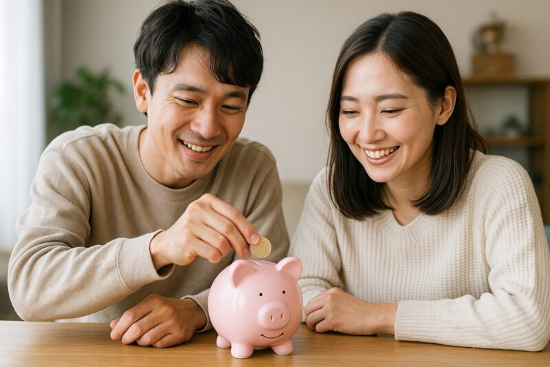 貯金用のピギーバンクにお金を入れる日本人カップルの写真(Japanese couple saving money in a piggy bank)