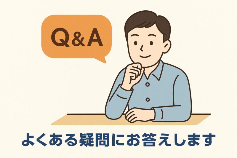 Q&A形式でよくある疑問に答える日本人男性のイラスト(Japanese man answering frequently asked questions in a Q&A format)