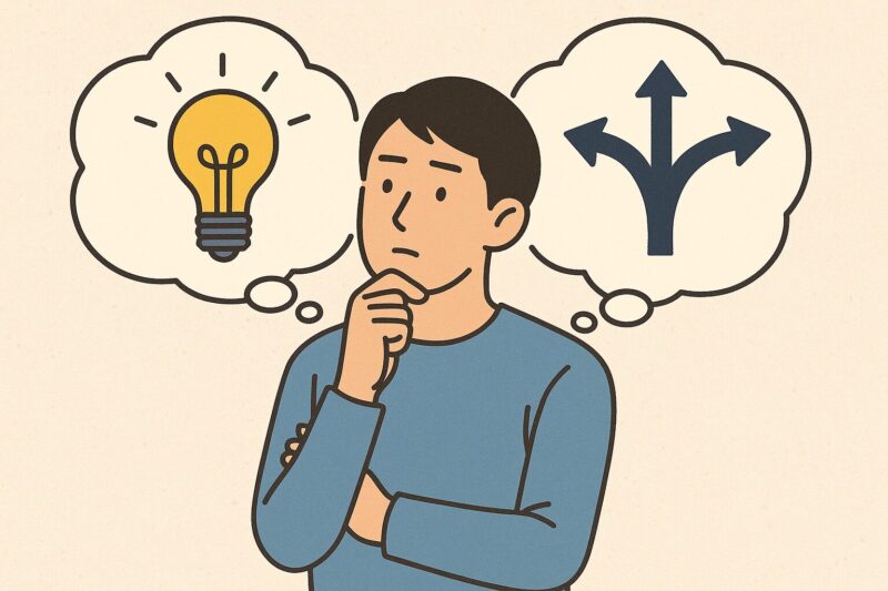 知識によって人生の選択肢が広がる様子を表す日本人男性のイラスト(Japanese man visualizing how knowledge expands life paths)